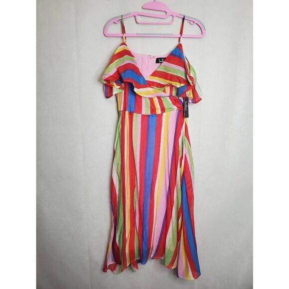 LuLus Multicolor Rainbow Striped Yacht Rock Off the Shoulder Wrap Midi Dress - Picture 3 of 10